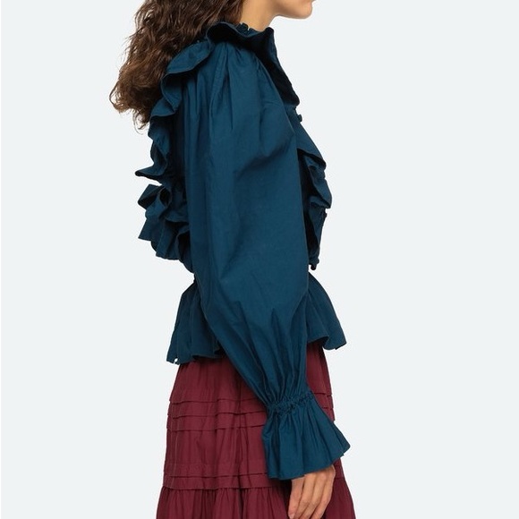 Sea NY Gaia Ruffled Tie Back Long Sleeve Backless Top Aegean Blue - Picture 10 of 15